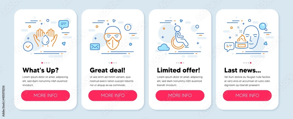 Set of Healthcare icons, such as Wash hands, Medical mask, Disabled symbols. Mobile screen banners. Face cream line icons. Skin care, Protection glasses, Handicapped wheelchair. Gel. Vector