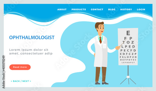 Ophthalmic assistance, consultation with doctor landing page template with male ophthalmologist. Optometrist points to the table for testing visual acuity. A doctor in a white coat checks eyesight