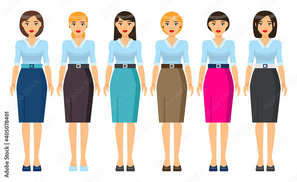 Cartoon characters. Woman brunette with short haircut wearing different clothes. Girl in business look. Businesslady wear business dress, skirt and blouse, office suit with jacket. Set of clothes Cartoon characters. Woman brunette with short haircut wearing different clothes. Girl in business look. Businesslady wear business dress, skirt and blouse, office suit with jacket. Set of clothes