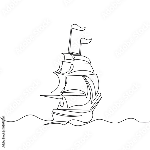 Ship One Line Drawing, Vector Continuous Single Line Art Yacht Isolated on White Background. Sailboat Minimalism Hand Drawn Style. Minimalist Sketch Contour Art.