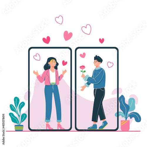 Online dating app concept.  Virtual relationship concept. Social distant dating. Couple dating on the internet with mobile app. Flat characters design vector illustration