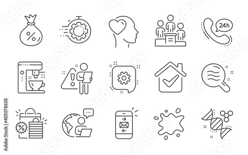 24h service, Skin condition and Seo timer line icons set. Shopping bags, Friend and Chemistry dna signs. Dirty spot, Coffee maker and Cogwheel symbols. Business podium, Mail and Loan. Vector