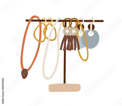 Jewelry holder with different female accessories. Necklaces, earrings and pendants. Hand-drawn jewellery stand. Colored flat vector illustration isolated on white background