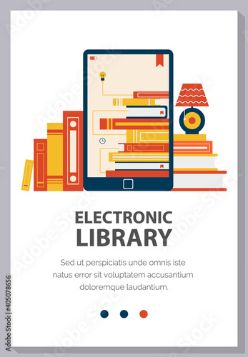 Electronic library on mobile phone screen. Application for reading books online vector illustration. Website landing page template. Books in mobile phone over the Internet. Online library on the site