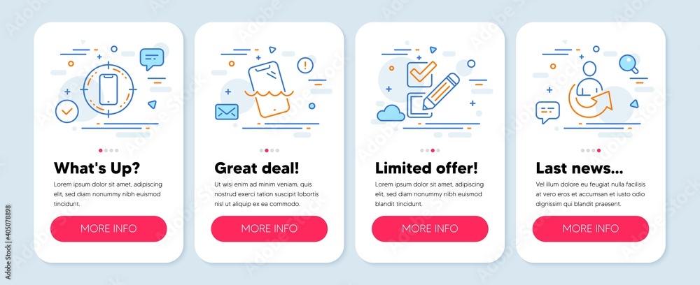 Fototapeta premium Set of Technology icons, such as Checkbox, Smartphone waterproof, Smartphone target symbols. Mobile screen mockup banners. Share line icons. Survey choice, Phone, Referral person. Vector