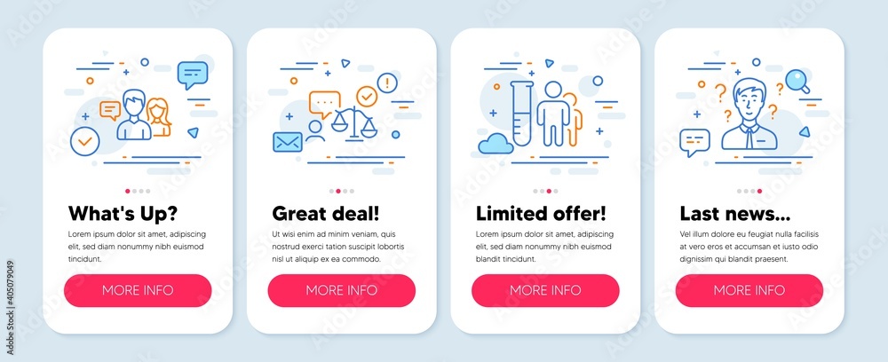 Set of People icons, such as People talking, Medical analyzes, Lawyer symbols. Mobile screen mockup banners. Support consultant line icons. Contact service, Medicine results, Court judge. Vector Set of People icons, such as People talking, Medical analyzes, Lawyer symbols. Mobile screen mockup banners. Support consultant line icons. Contact service, Medicine results, Court judge. Vector