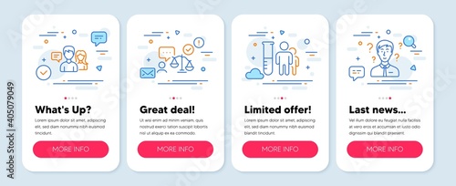 Set of People icons, such as People talking, Medical analyzes, Lawyer symbols. Mobile screen mockup banners. Support consultant line icons. Contact service, Medicine results, Court judge. Vector