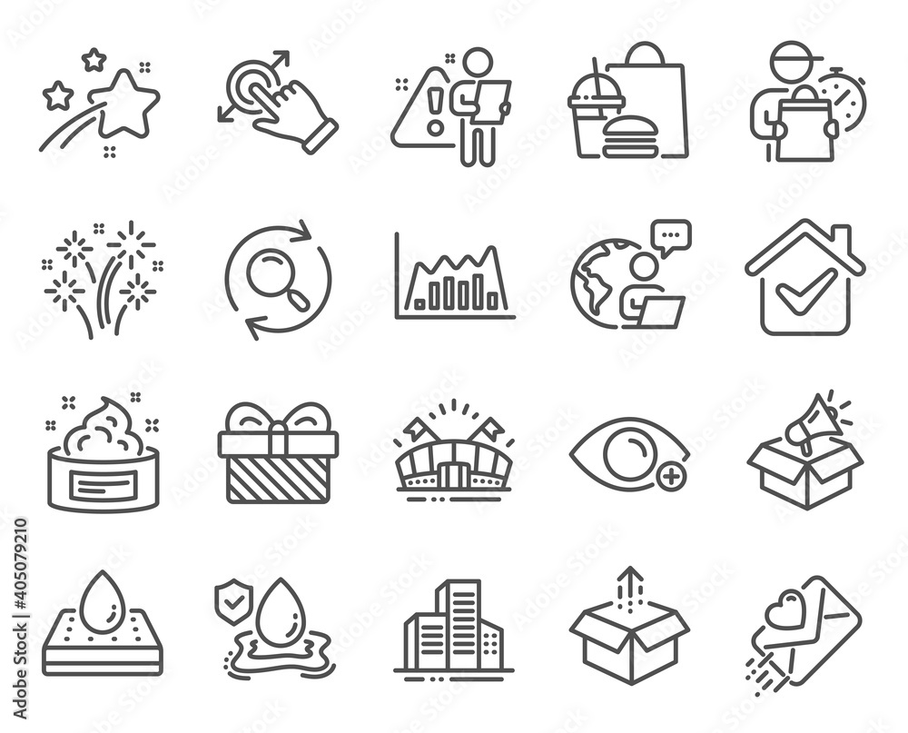 Business icons set. Included icon as Gift, Search, Waterproof mattress signs. Megaphone box, Infographic graph, Fireworks symbols. Buildings, Sports arena, Touchscreen gesture. Skin cream. Vector