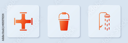 Set Bucket, Industry metallic pipe and Shower. White square button. Vector.