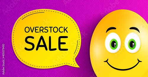 Overstock sale. Easter egg with smile face. Special offer price sign. Advertising discounts symbol. Easter smile character. Overstock sale speech bubble. Yellow egg background. Vector
