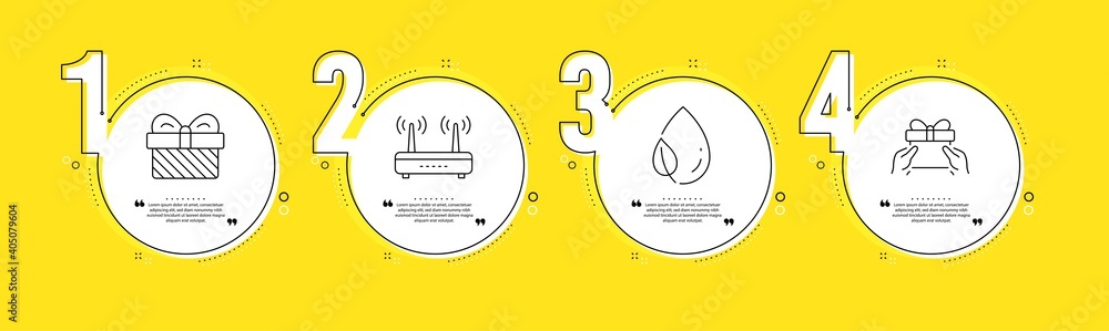 Wifi, Leaf dew and Gift line icons set. Timeline process infograph. Give present sign. Internet router, Water drop, Present. Receive a gift. Business set. Yellow infographics timeline. Vector