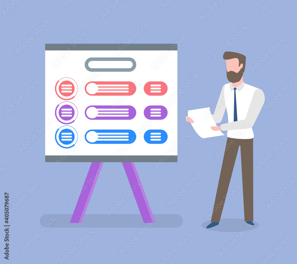 Whiteboard with information vector, male wearing suit with tie holding documents and business analysis specialist with infocharts, schemes on board Whiteboard with information vector, male wearing suit with tie holding documents and business analysis specialist with infocharts, schemes on board