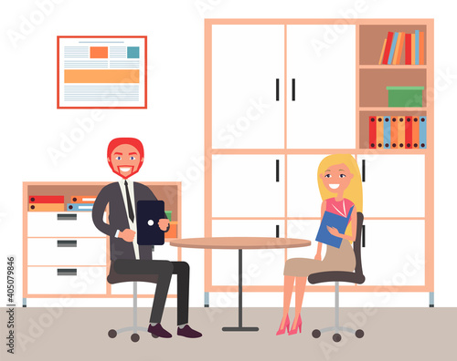 Business meeting or working process. People sitting in office workspace communicating, cooperating. Project management and teamwork concept. Happy businesswoman tells about contract to smiling man