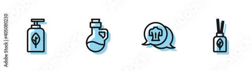 Set line Massage, Essential oil bottle, and Aroma diffuser icon. Vector.