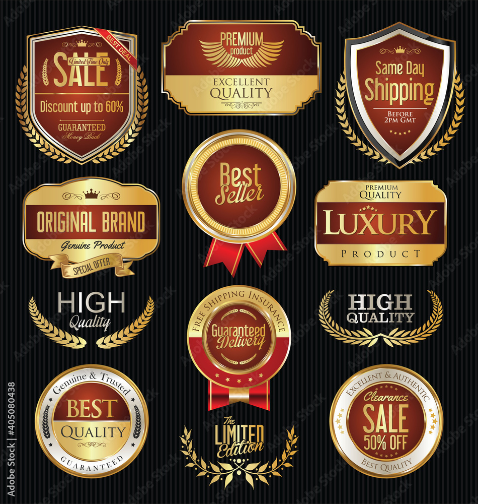 Collection of golden badges labels and tags