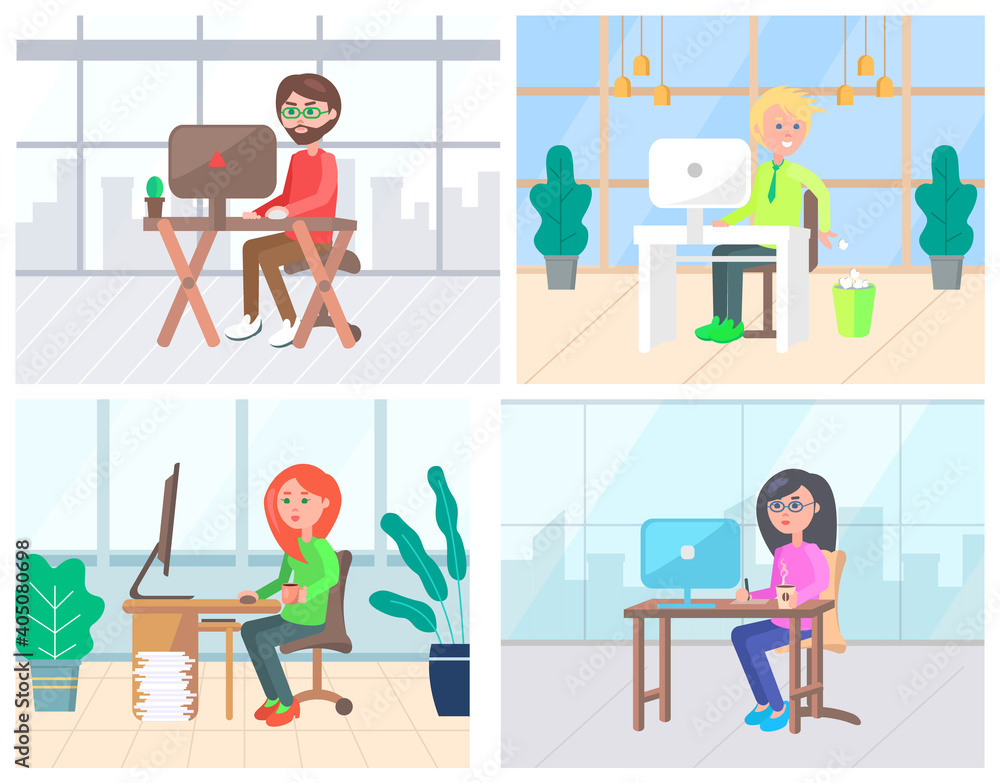 People working with computer, business workplace. Man and woman employees using pc, sitting at table with documents, office and wireless device vector People working with computer, business workplace. Man and woman employees using pc, sitting at table with documents, office and wireless device vector