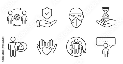 Time hourglass, Engineering team and Hold heart line icons set. Consulting business, Medical mask and Teamwork signs. Insurance hand, Like symbols. Sand watch, Engineer person, Care love. Vector