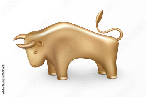 Golden Metal Bull. Symbol of the New Year 2021 on Chinese lunar calendar. 3d icon and logo. Realistic gold metallic figurine of cow or ox