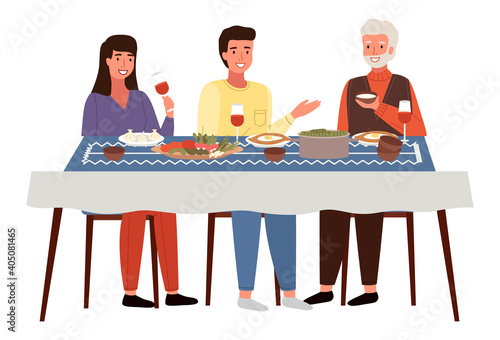 The family dines with Georgien-style food. Georgians at dinner isolated on white background. Relatives eat traditional dishes. Table with khinkali and adjarian khachapuri vector illustration