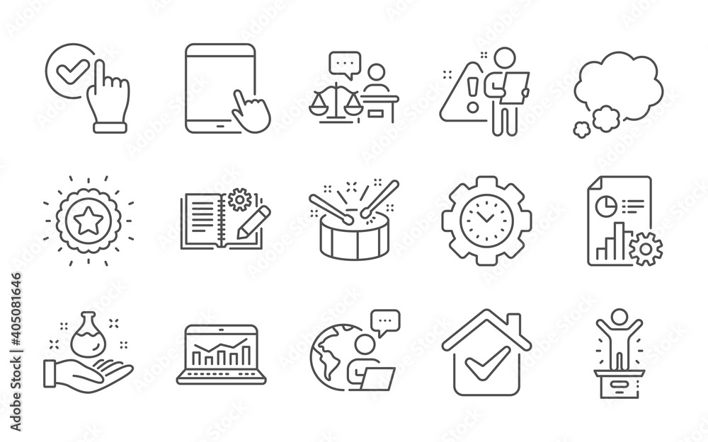 Checkbox, Tablet pc and Time management line icons set. Court judge, Engineering documentation and Talk bubble signs. Chemistry lab, Winner podium and Report symbols. Line icons set. Vector