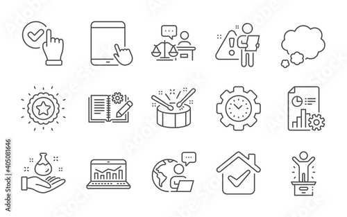 Checkbox, Tablet pc and Time management line icons set. Court judge, Engineering documentation and Talk bubble signs. Chemistry lab, Winner podium and Report symbols. Line icons set. Vector