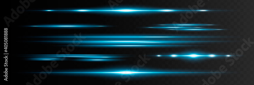 Blue horizontal lens flares pack. Laser beams, horizont