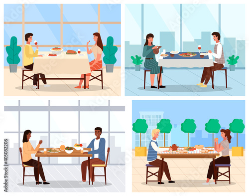 Set of illustrations on the topic of couple dine on traditional dishes from different countries. People communicate together. Characters eating national meals. Families communicate in a restaurant