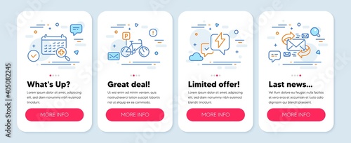 Set of Business icons, such as Medical calendar, Bicycle parking, Lightning bolt symbols. Mobile screen app banners. E-mail line icons. Doctor appointment, Bike park, Messenger. Vector