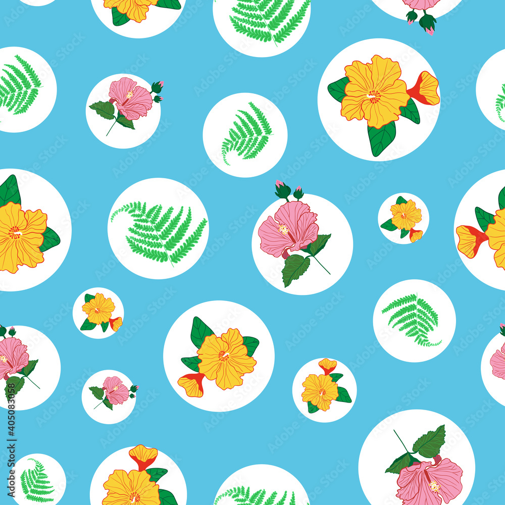 Fern plant and hibiscus flowers seamless pattern