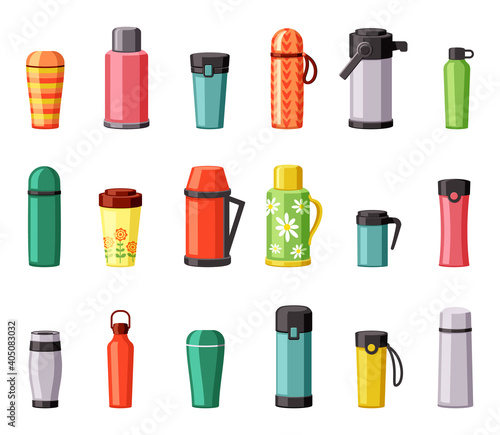 Thermo mugs and thermoses set. Plastic stainless steel red containers for hiking trips and hot lunch in office hot drinks green daisy design yellow cups for coffee tea to go. Cartoon vector.