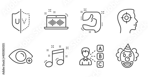 Opinion, Clown and Like line icons set. Musical note, Uv protection and Farsightedness signs. Recruitment, Music making symbols. Choose answer, Funny performance, Thumb up. Business set. Vector