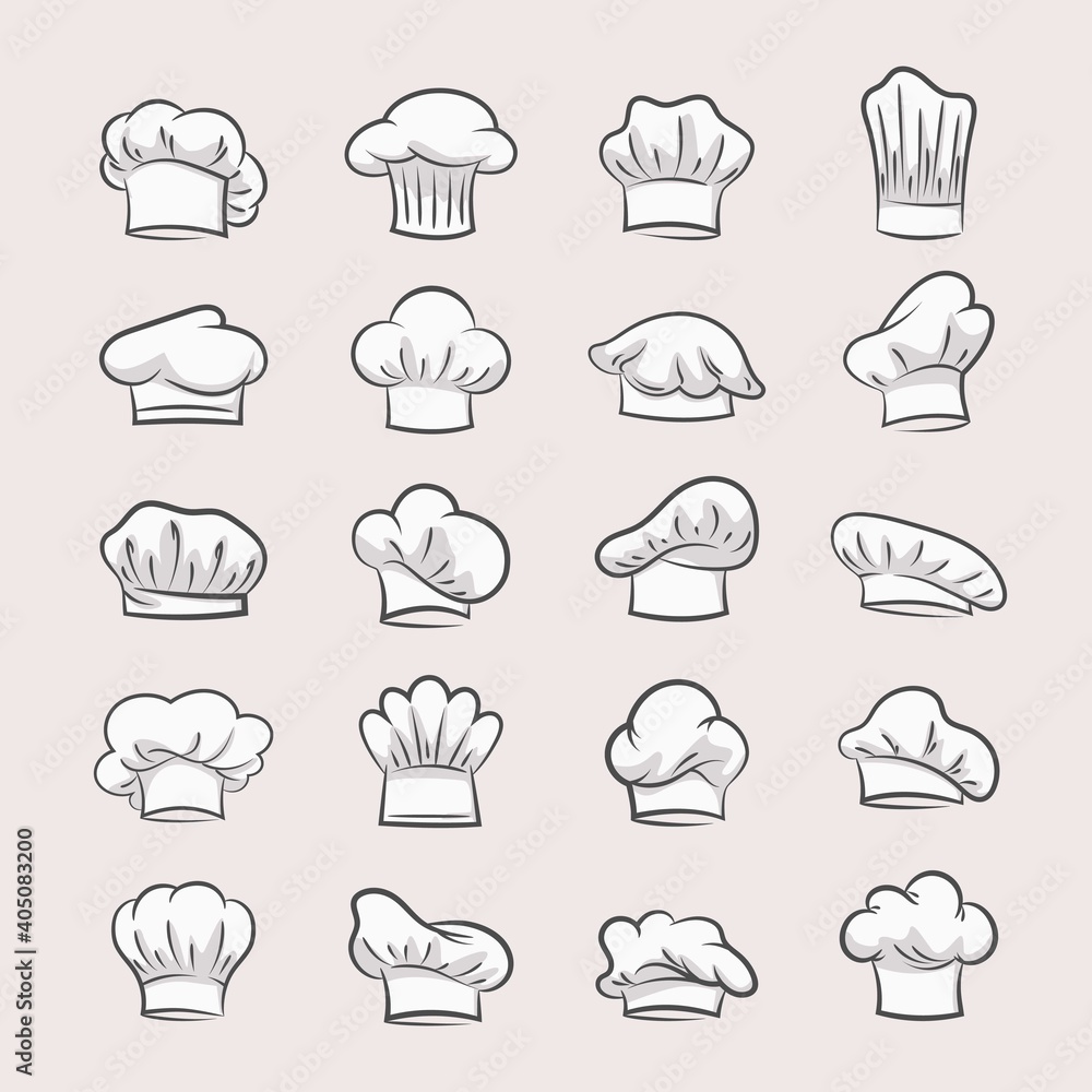 Professional chefs hats set. Headgear contours for confectioner and pastry bakers fashionable uniform design with curls and folds culinary. Professional chefs hats set. Headgear contours for confectioner and pastry bakers fashionable uniform design with curls and folds culinary.