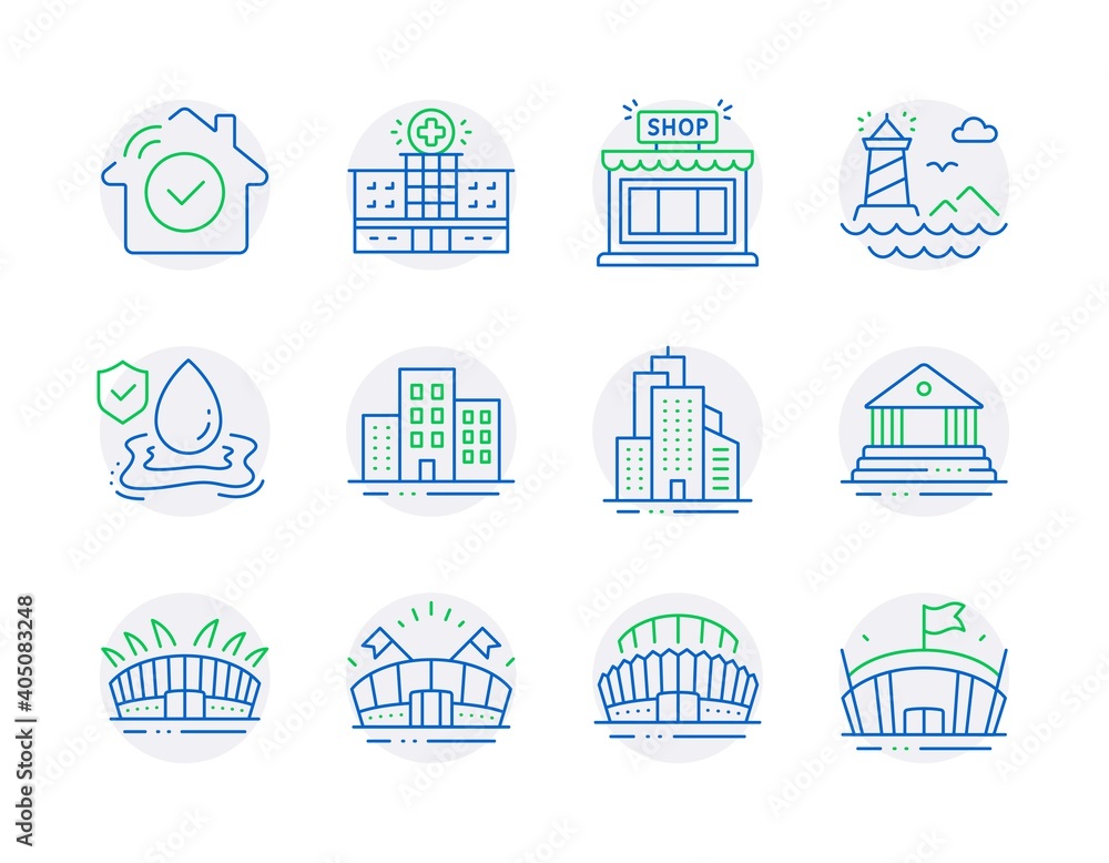 Buildings icons set. Included icon as House security, Skyscraper buildings, Arena stadium signs. Flood insurance, Sports arena, Court building symbols. Shop, Lighthouse, Sports stadium. Vector