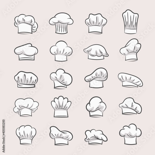 Professional chefs hats set. Headgear contours for confectioner and pastry bakers fashionable uniform design with curls and folds culinary.