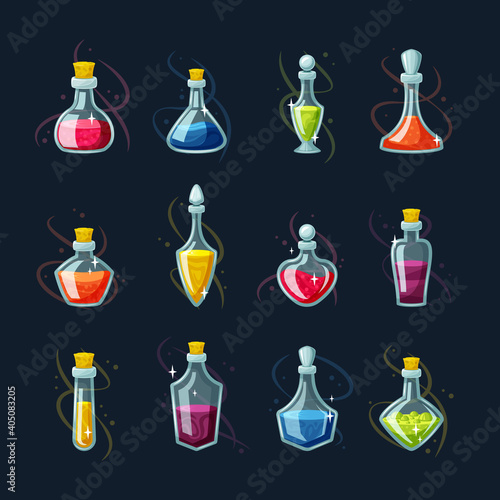 Chemical potion magic vials set. Red elixir regeneration and magic mana replenishment glass flasks with potion for game mechanics and interface green substance with bubbles. Vector cartoon making.