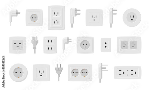 Sockets and plugs set. White electrical connectors and holes line connection current supply single and double plastic connector for euro equipment and industrial devices. Vector power grid.
