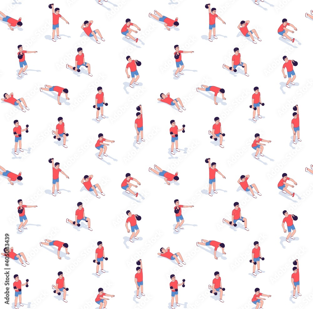 Workout exercise seamless pattern isometric. Athletic muscle training pattern. Vector illustration.