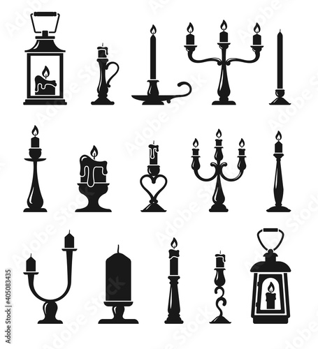 Candlesticks and old lamps silhouette set. Hand lanterns with candle black twisted wax holders elegant victorian retro style decorative bronze and decorations traditional lighting. Vector catoon.