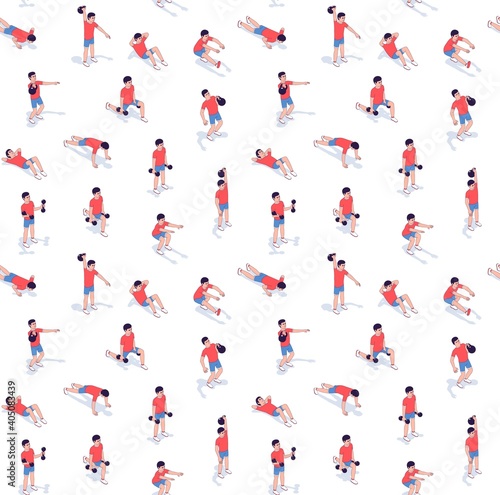 Workout exercise seamless pattern isometric. Athletic muscle training pattern. Vector illustration.