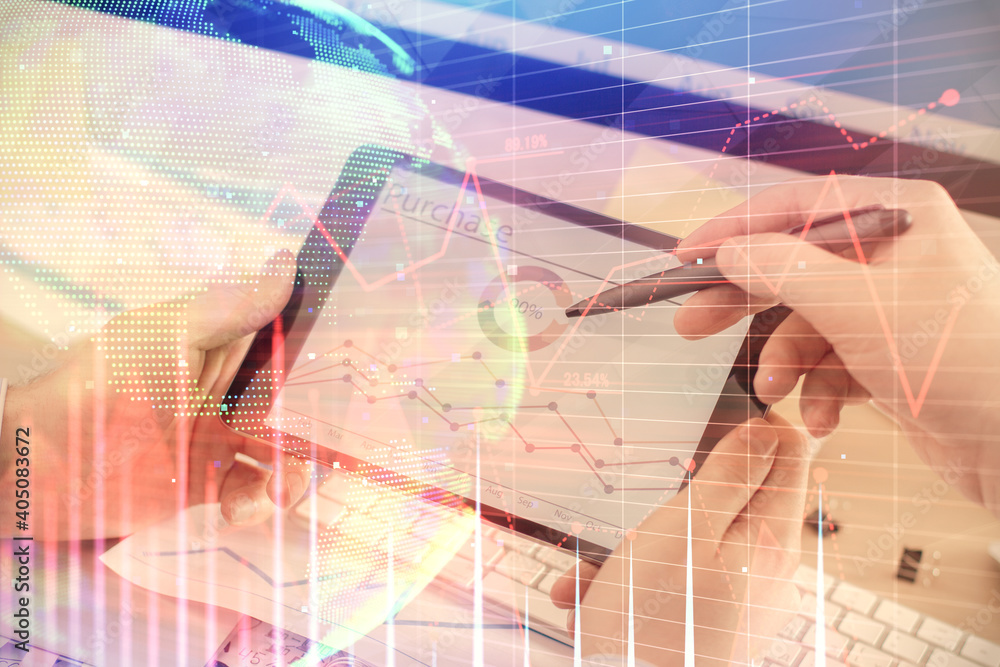 Double exposure of man's hands holding and using a phone and financial chart drawing. Market analysis concept. Double exposure of man's hands holding and using a phone and financial chart drawing. Market analysis concept.