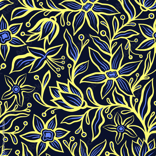 Abstract graphic seamless pattern of stylized plants.