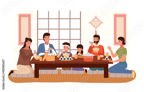 Relatives eating Japanese food. People in national oriental costumes isolated on white background. Dining room in traditional oriental Japan style illustration. Dining table with sushi and manti