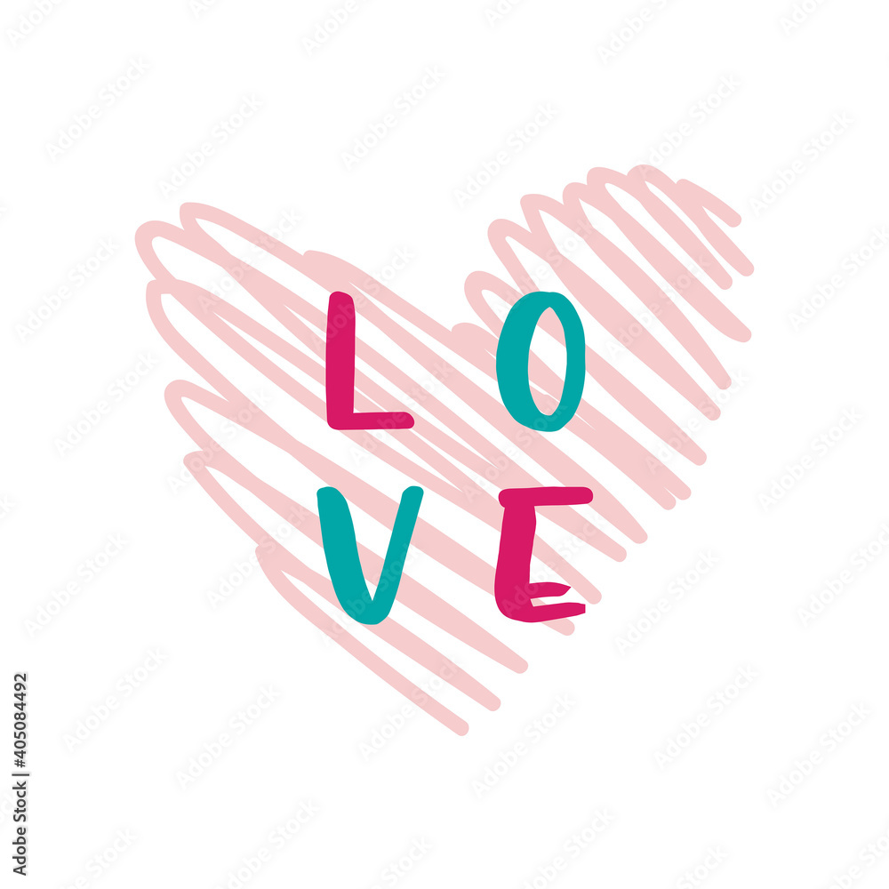 St Valentine's holiday. Love clipart. Heart with lettering. Relationship, emotion, passion. Sticker. Isolated on white background.