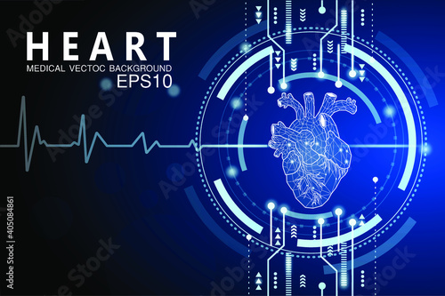 Heart. Abstract vector human heart isolated on dark color Glowing white cardio lines Anatomy, heart disease, organ health, medical science, life care, illness conceptual illustration or background