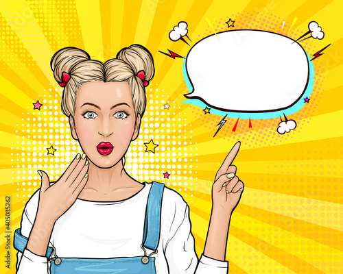 Modern surprised woman wow face. Young wonder girl with blonde hair, open mouth point finger to empty speech bubble on yellow background. Pop art retro comic vector illustration.