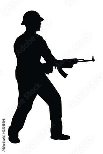 Vietcong soldier with rifle gun in Vietnam war silhouette vector, military man in the battle.