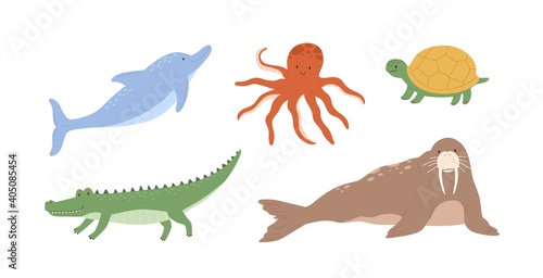 Set of cute underwater animals. Octopus, dolphin, turtle, crocodile and walrus. Collection of marine mammals isolated on white background. Colored flat vector illustration