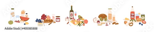 Set of different picnic food and drinks. Snacks, fruits, desserts, sweets, bread, sandwich, avocado, bottles of wine, lemonade and juice. Colored flat vector illustration isolated on white background