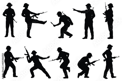 Set of Vietcong soldier with rifle gun in Vietnam war silhouette vector, military man in the battle.