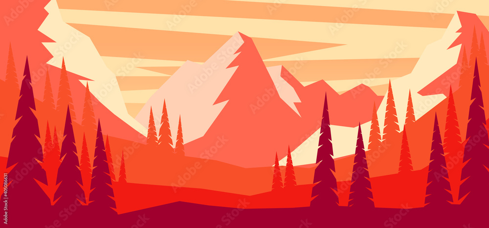 Cartoon mountain landscape in flat style. Design element for poster, card, banner, flyer. Vector illustration Cartoon mountain landscape in flat style. Design element for poster, card, banner, flyer. Vector illustration